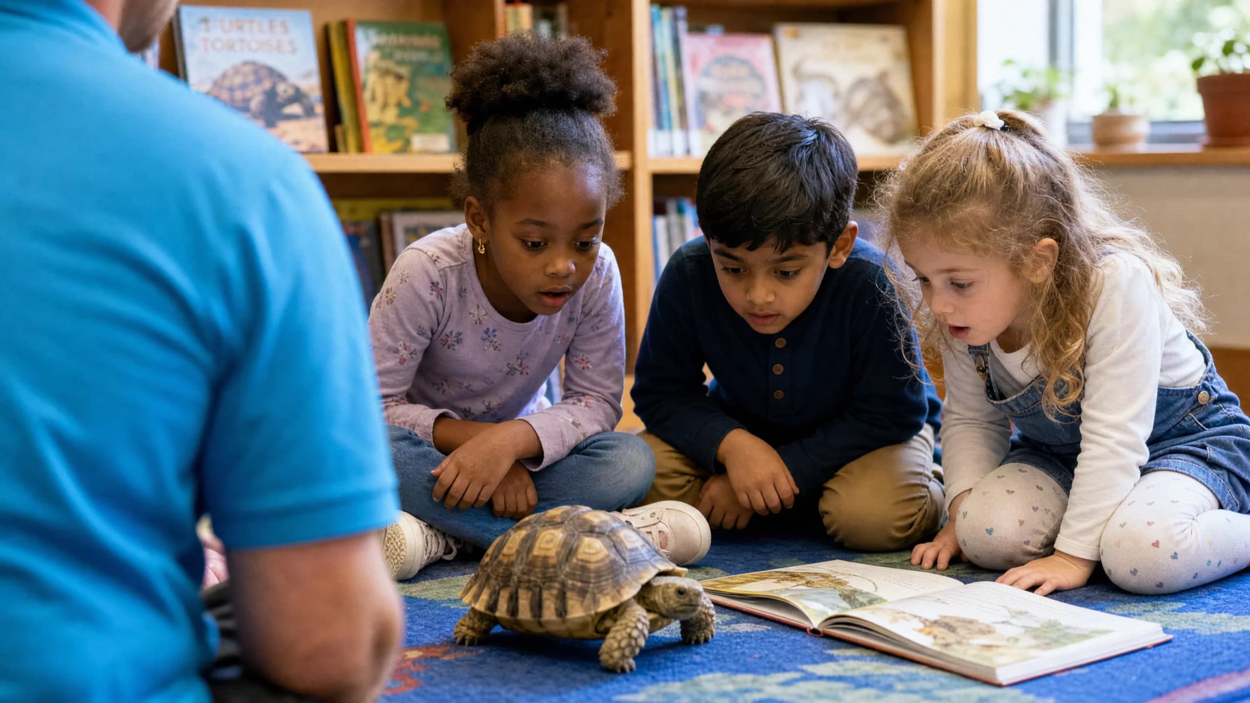 Three preschool-age children seated on a story-time rug in a library reading nook, looking with focused wonder at a Russian tortoise next to an open picture book