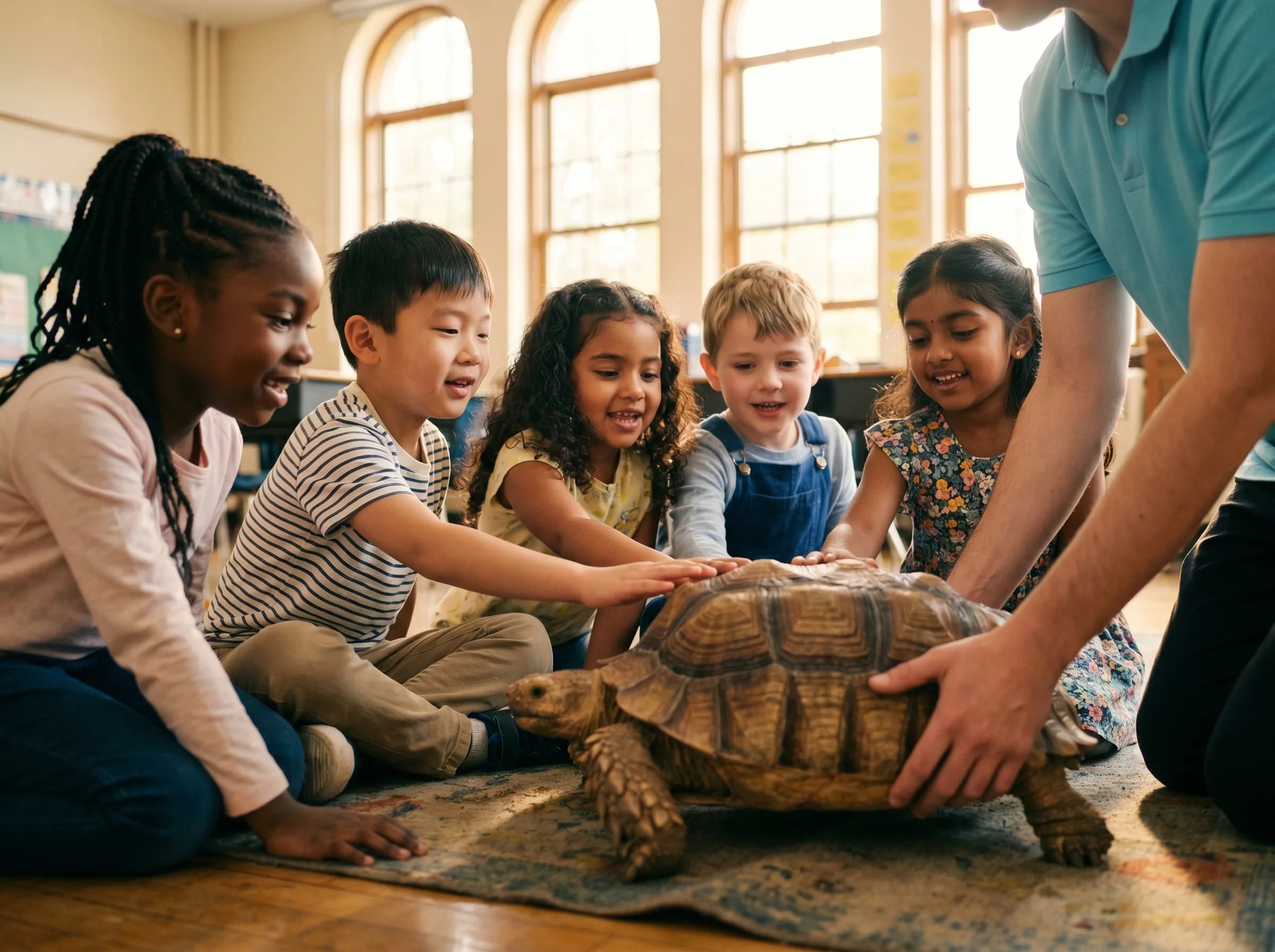 A multicultural group of elementary-school students gathered around a sulcata tortoise on a classroom rug, faces full of wonder, with a Hands On Exotics handler in a cyan polo cradling the tortoise