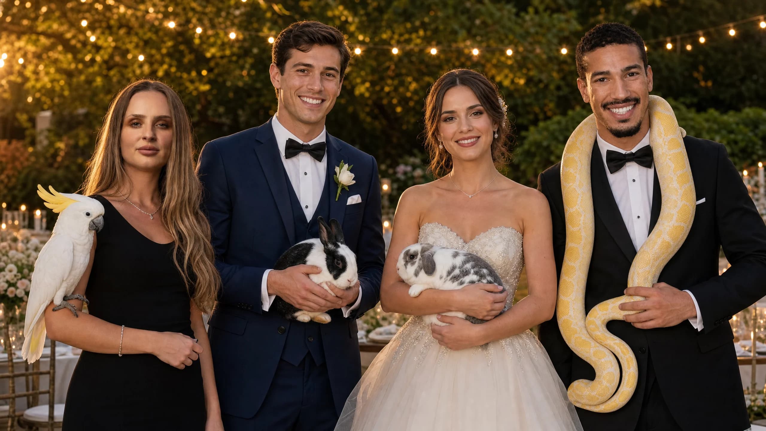 Bride and groom posed with two Hands On Exotics handlers in formal evening attire at a golden-hour outdoor wedding reception, holding a white cockatoo, two small spotted rabbits, and an albino python draped across one handler's shoulders
