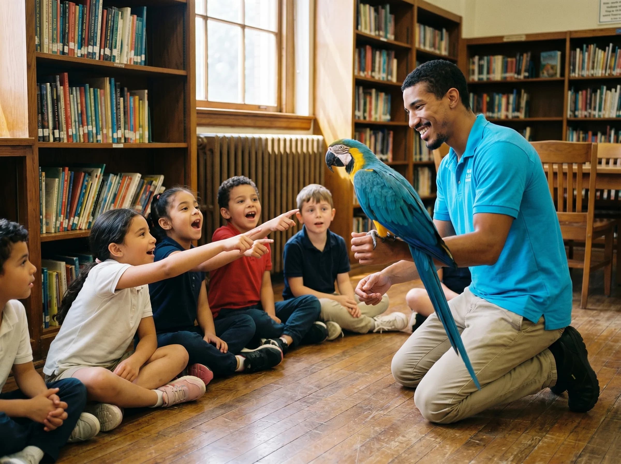 Seth Falk in a cyan polo kneeling on a library floor, presenting a blue-and-gold macaw to a group of fascinated school children sitting in a semi-circle around him