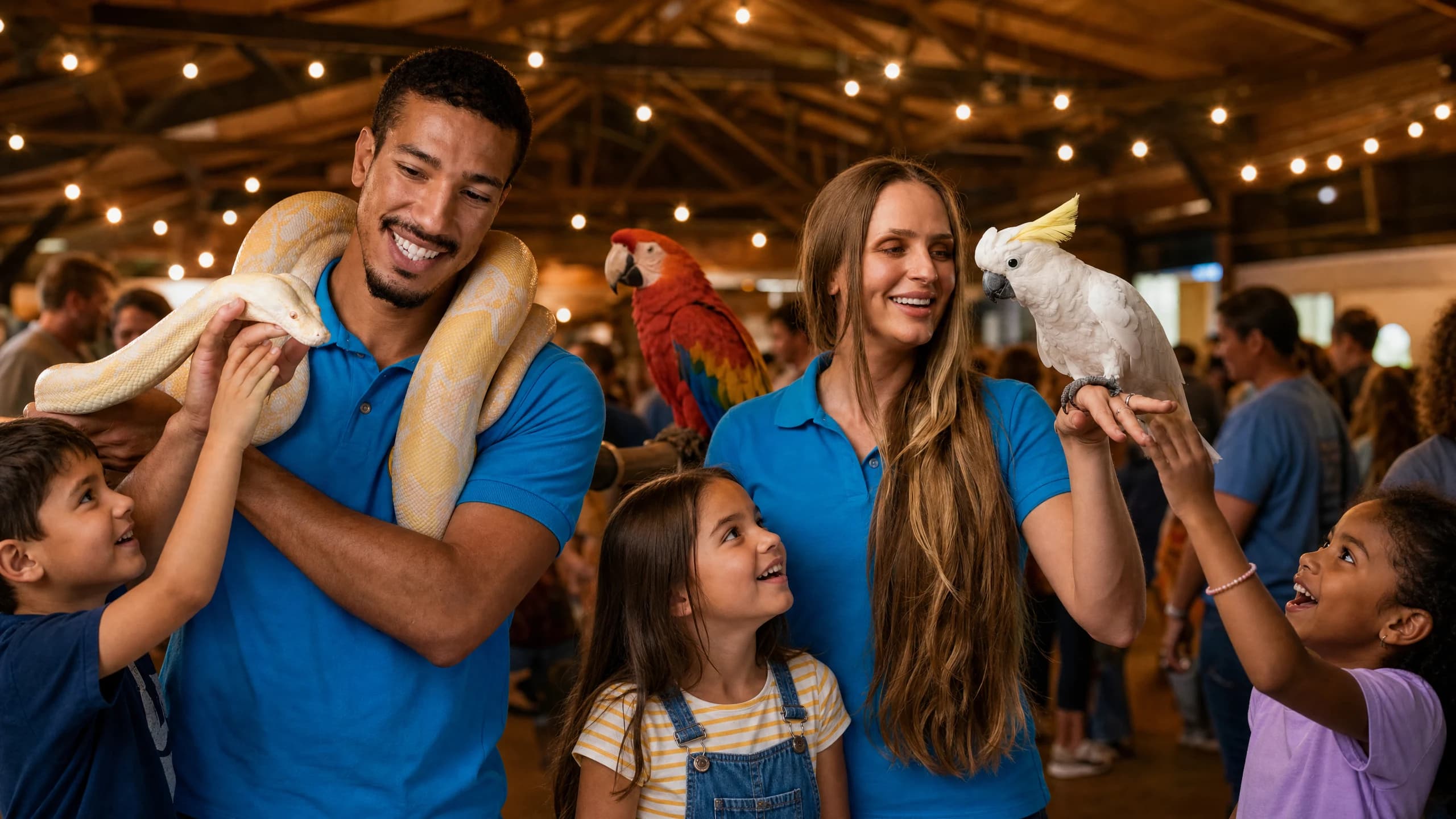 A child holding a Catalina macaw on their forearm with a handler steadying gently